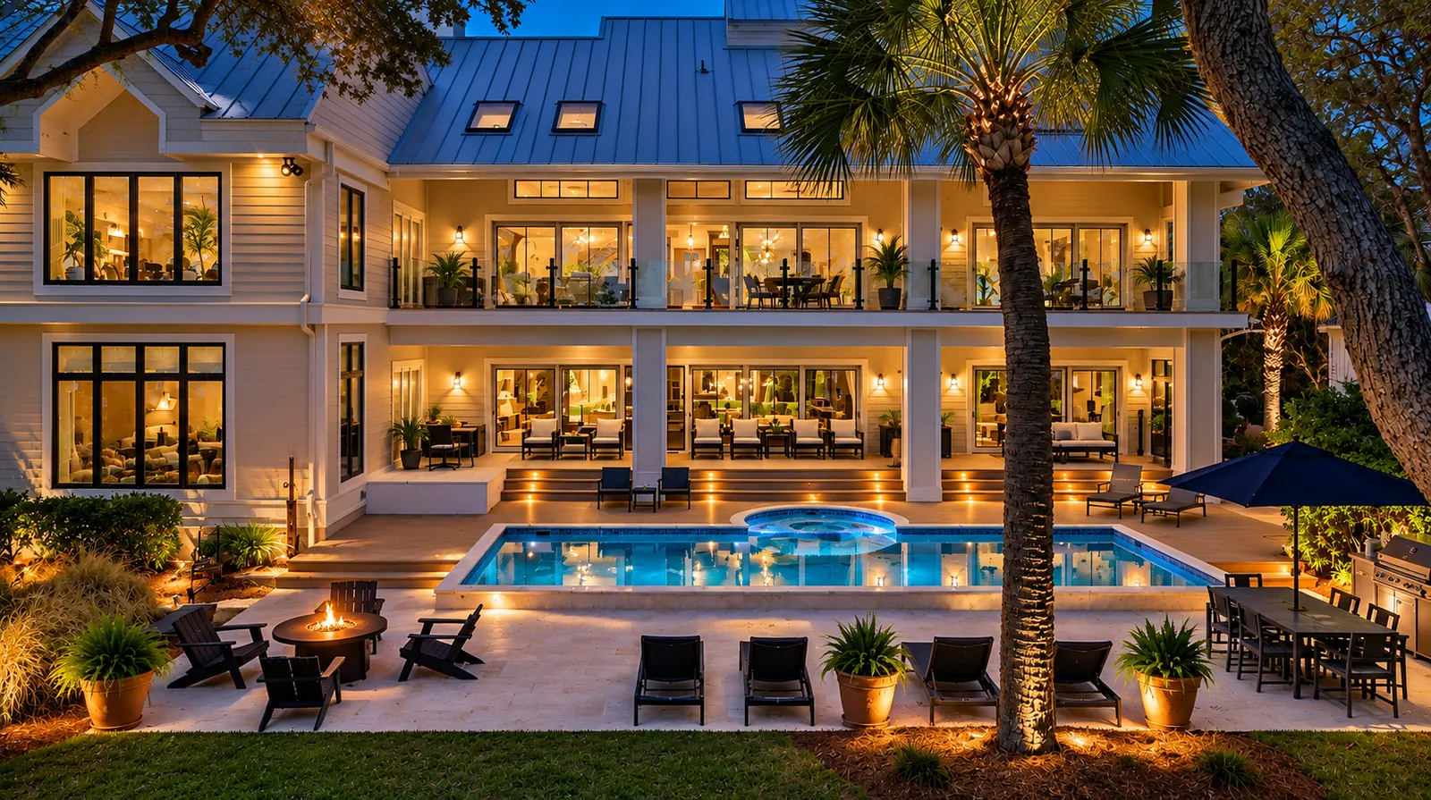 The same estate at twilight with every light on