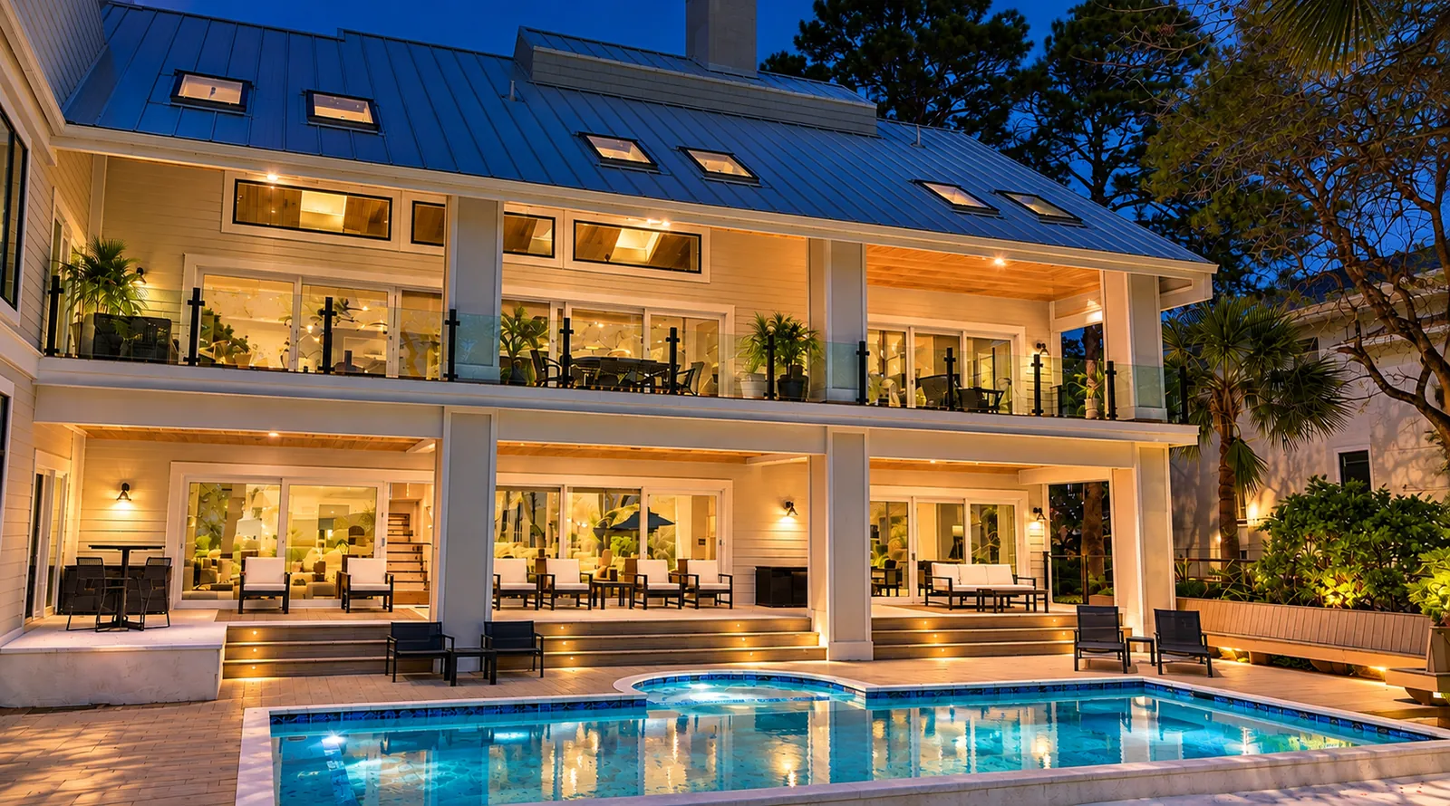 Pool terrace glowing at dusk