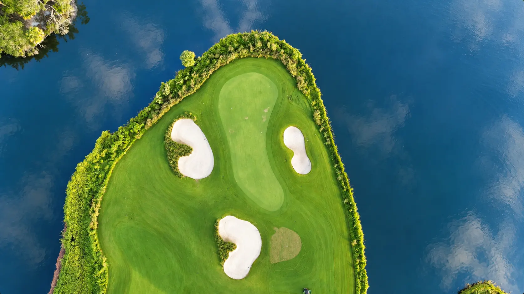 Island green surrounded by water, straight down from a drone