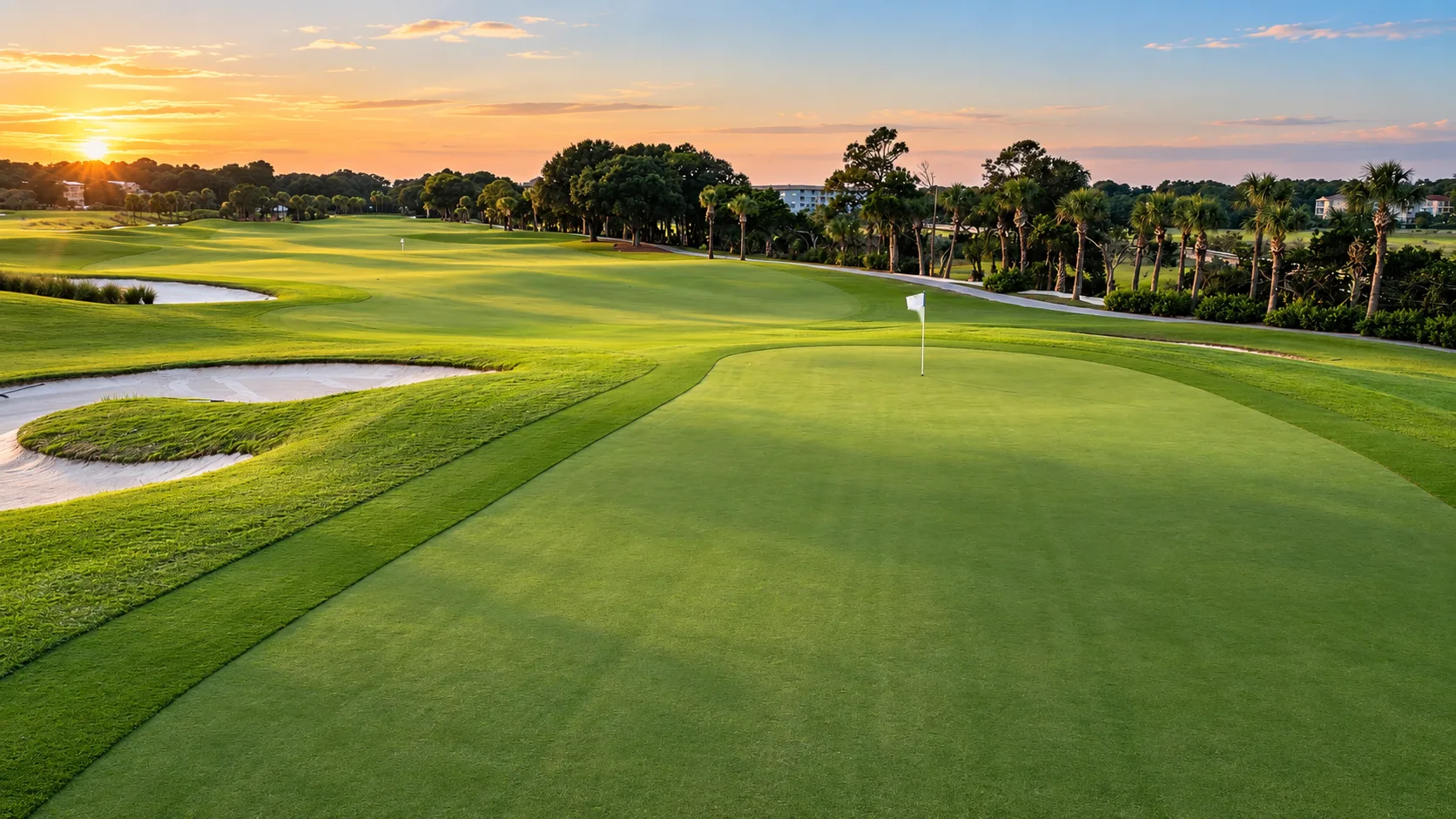 Putting green and flag in low evening light