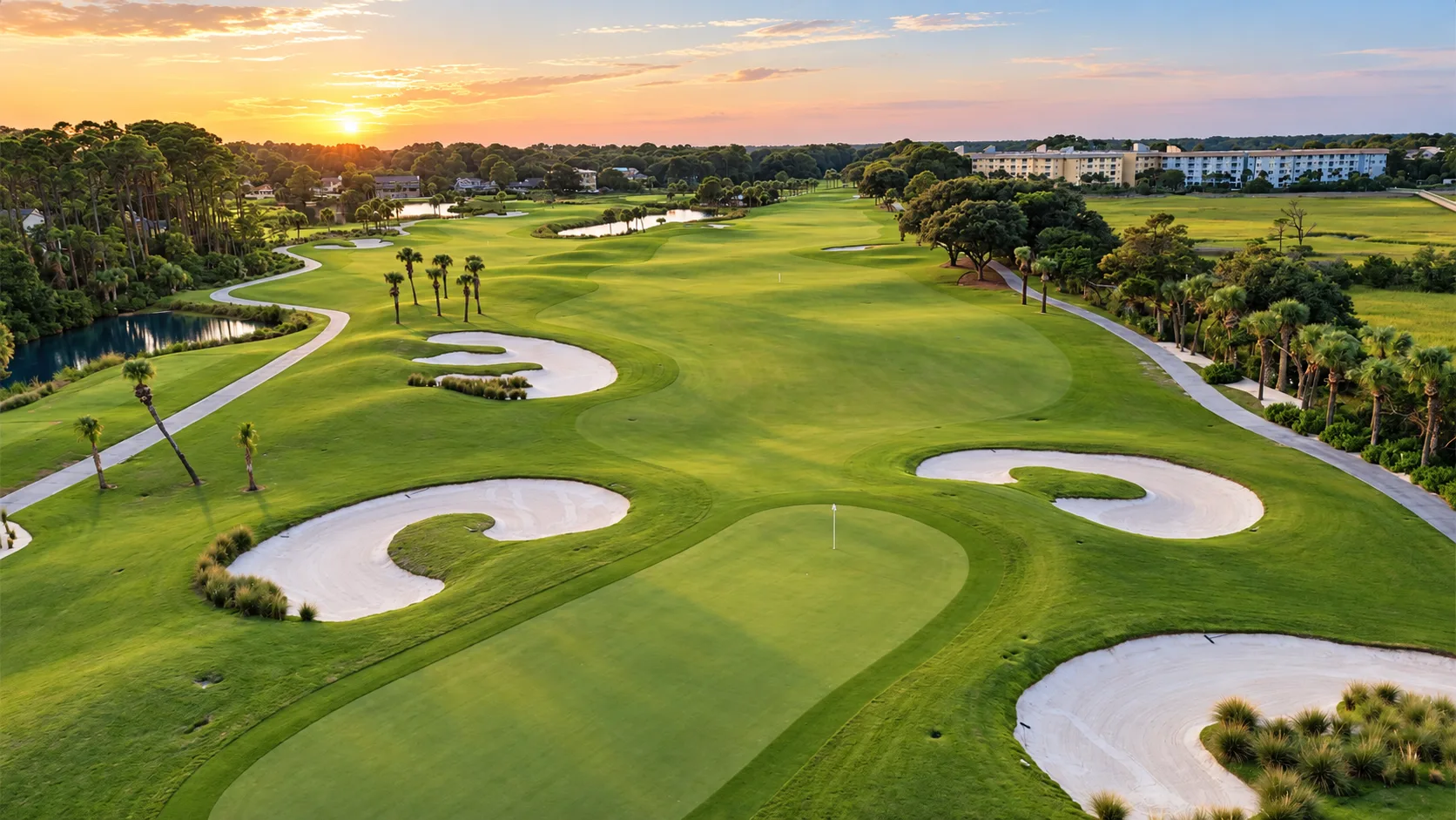 Aerial of a green framed by sculpted bunkers at sunrise