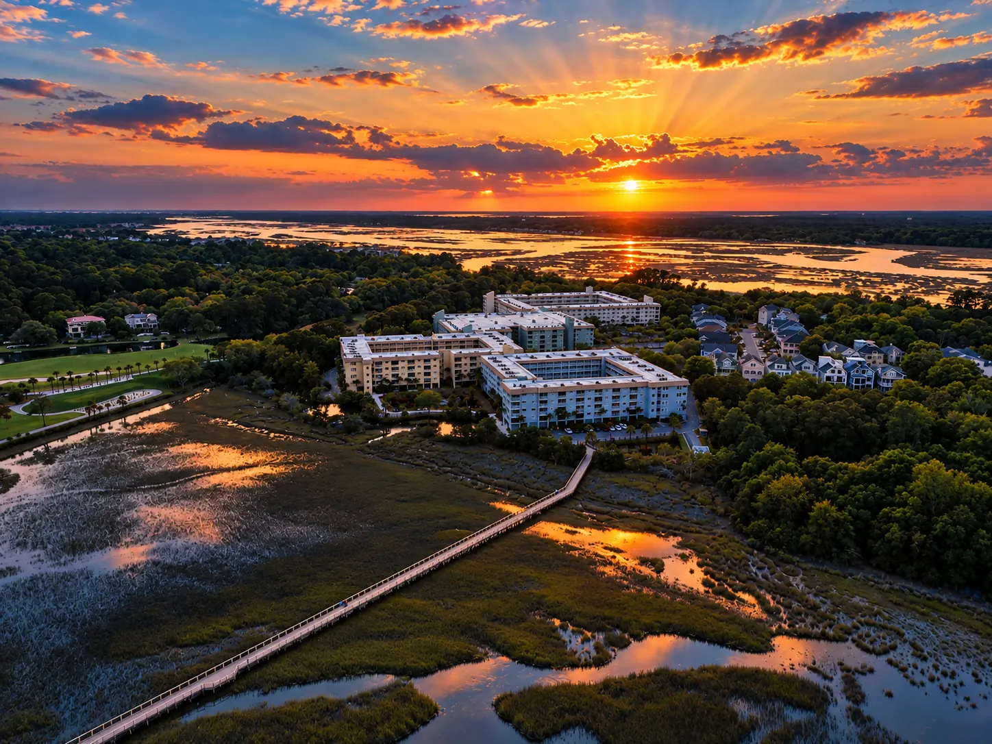 Boardwalk across the marsh to a Hilton Head resort at sunset, shot by drone